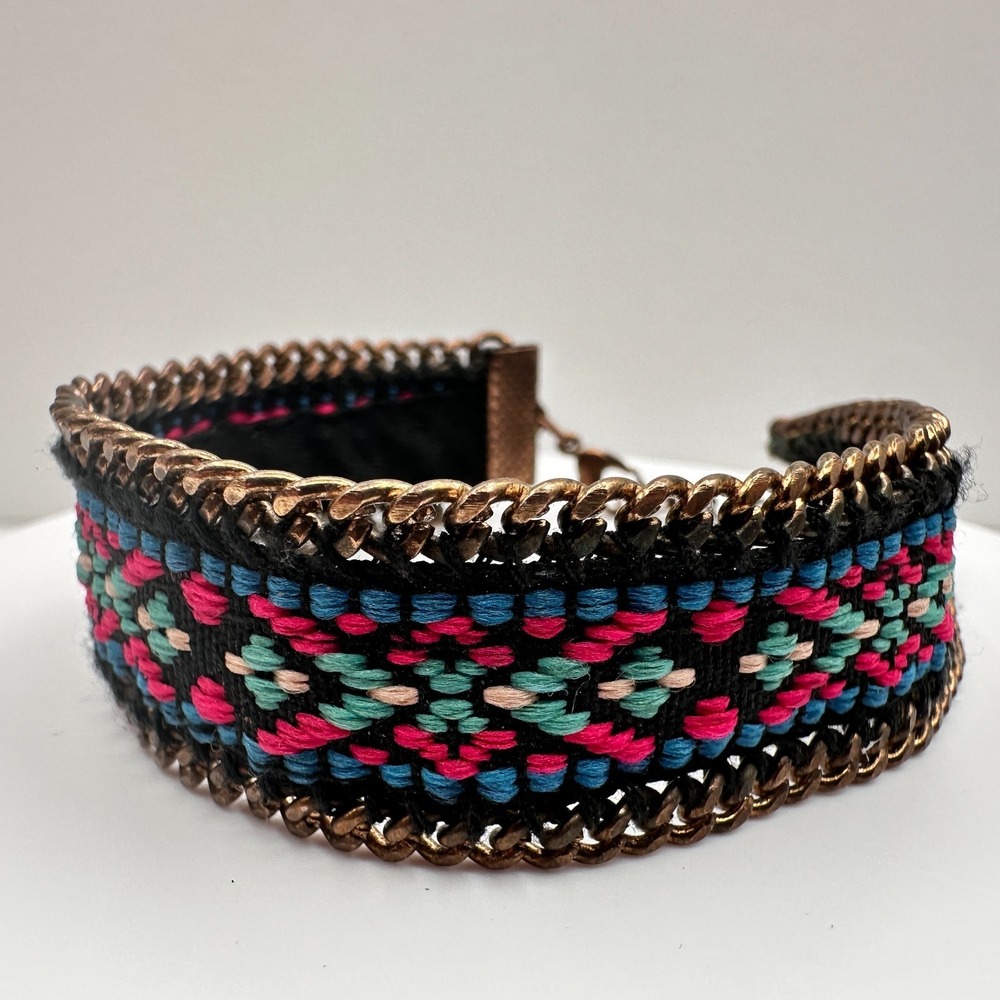 Vintage 90s Bronze Tone Geometric Pattern Cuff Bracelet Chain Women's Jewelry - Picture 3 of 10